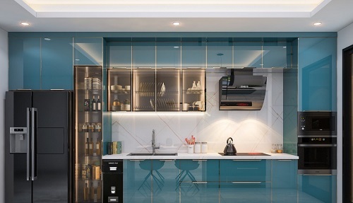 Tủ bếp inox cánh kính cường lực màu xanh kết hợp viền nhôm mạ vàng